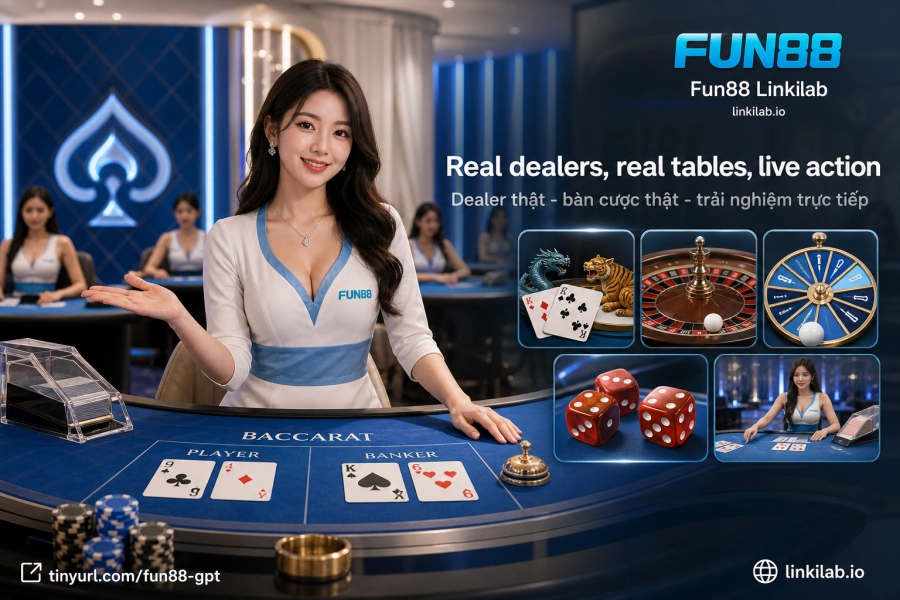 Sảnh live casino Fun88 với dealer thật Baccarat Roulette Blackjack