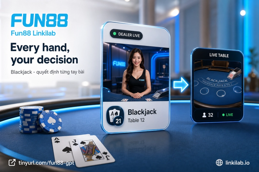 Blackjack live casino Fun88 dealer thật hit stand double