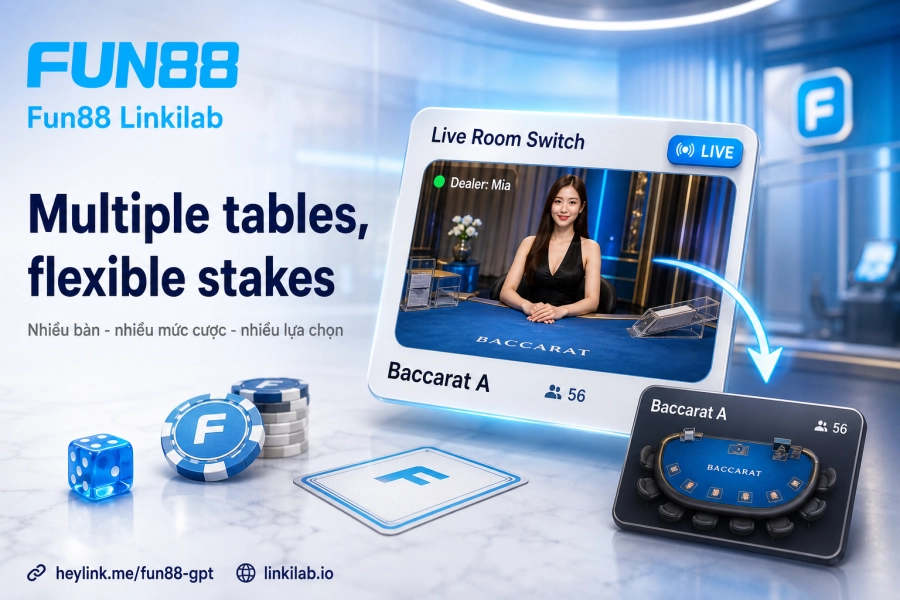 So sánh trò chơi live casino Fun88 Baccarat Roulette Sicbo Poker