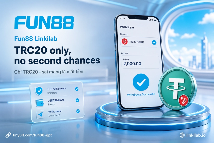 rút tiền Fun88 USDT-TRC20 mạng blockchain quy trình 7 bước